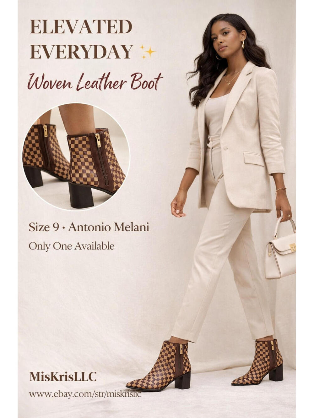 Antonio Melani Woven Leather Ankle Boots Womens 9M Brown Tan Checkerboard Pointe